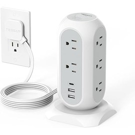 Tower Power Strip Flat Plug with 11 Outlets 3 USB (1 USB C), TESSAN Surge Protector Tower 1625W/13A,1050J Protection, 6 Feet Extension Cord with Multiple Outlets, Office Desk Supplies, Dorm Essentials