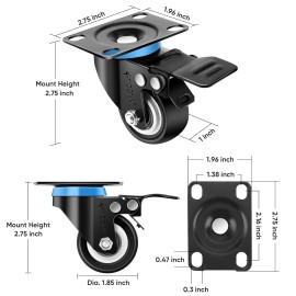 TICONN 2'' Swivel Caster Wheels Set of 4, with 4 Safety Brakes, Poly No Noise No