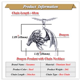 Xusamss Punk Titanium Steel Wing Dragon Pendant Necklace with 24inches Link Chain