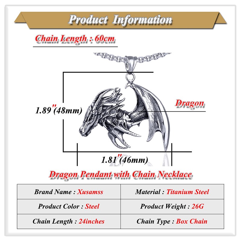 Xusamss Punk Titanium Steel Wing Dragon Pendant Necklace with 24inches