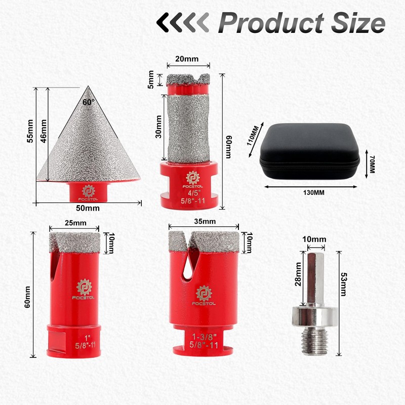 FOCSTOL Diamond Core Drill Bit Set - 5pcs (25/35mm+20mm Drilling