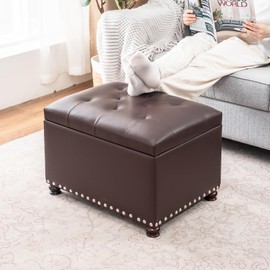 Adeco Bonded Leather Square Tufted Storage Footstool, 18" ottoman, Dark Brown