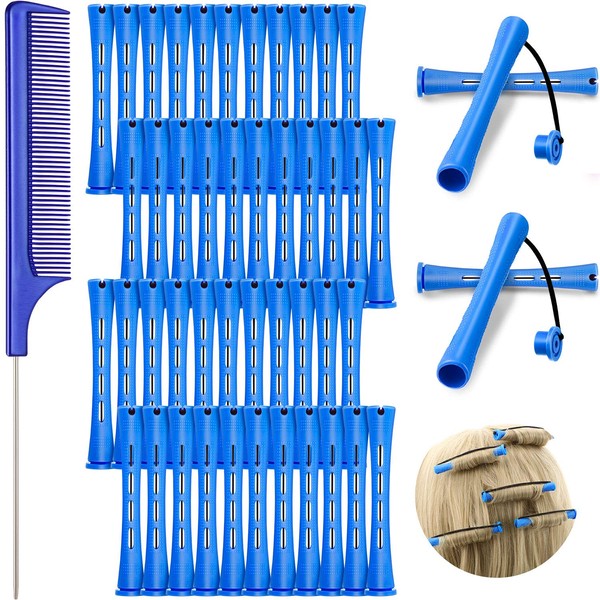 48 Pieces Hair Perm Rods Cold Wave Rods Plastic Perming Rods Curlers Hair Rollers with Steel Pintail Comb Rat Tail Comb for Hairdressing Styling Tools (Blue, 0.35 inch/ 0.9 cm)