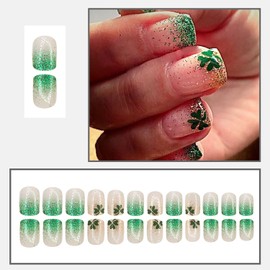 Shamrock Press On Nails Short St. Patrick’s Day Fake Nails Square False Nails With Shamrock Designs Green Glitter Nails Press Ons Full Cover Glue On Nails Nude Pink Prsss On Nails For Women