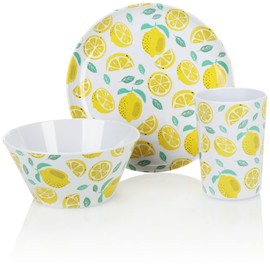 COM-FOUR® 3-Piece Tableware Set - Reusable, Reusable Tableware Made of Melamine - Cups, Bowls and Plates with a Summery Design (3 Pieces - Lemons)