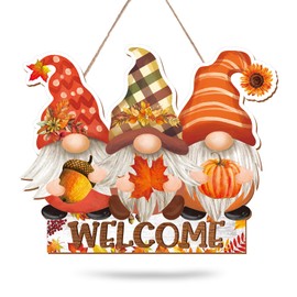 Whaline Fall Wooden Welcome Sign Gnomes Fall Hanging Sign Autumn Thanksgiving Door Sign Rustic Farmhouse Wood Door Hanger for Autumn Harvest Holiday Home Office Window Decoration