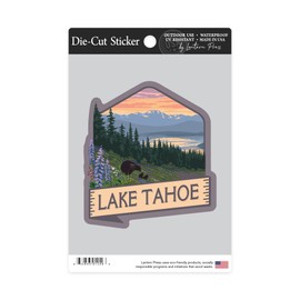 Die Cut Sticker Lake Tahoe, Black Bear and Cubs with Flowers, Contour Vinyl Sticker 3 to 6 inches, (Waterproof Decal for Cars, Water Bottles, Laptops, Coolers), Large