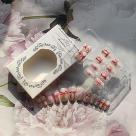 Valentines Press on Nails Short Square Fake Nails with Designs Light Pink False Nails French Tip Nails Press on Acrylic Nails Glossy Heart Glue on Nails Valentine's Day Stick on Nails for Women 24Pcs