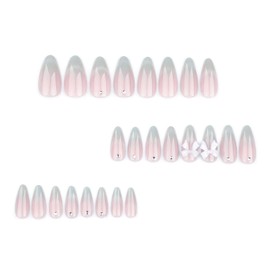 TBRZTR Cat Eye French Press on Nails - Medium Almond Shaped Bow Tie False Nails With Rhinestones Design - Charm Stick on Full Cover Coffin Nails - Reusable Glue on for Women 24Pcs