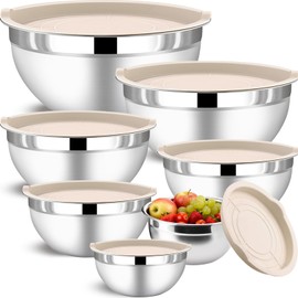 Funnydin 7 Piece Stainless Steel Mixing Bowls with Lids Set - Khaki Nesting Metal Mixing Bowls for Kitchen, Sizes 4.5, 4, 3.5, 2.1, 1.5, 1.1, 0.7 Qt for Baking, Cooking and Serving, Dishwasher Safe