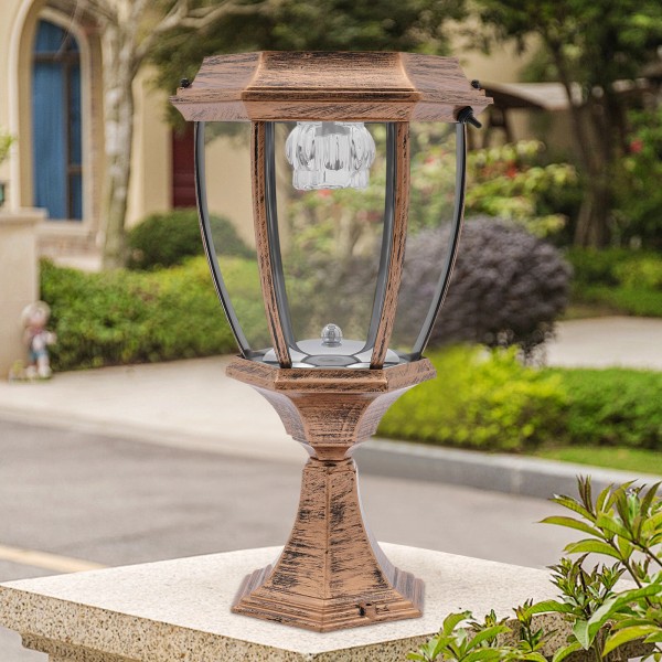 SolarPowered Retro Pillar Light Glass Lantern Garden Outdoor Yard Gate