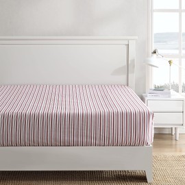 Nautica - Full Fitted Sheet, Cotton Percale Bedding, Casual Home Decor, Dorm Room Essentials (Coleridge Stripe Red, Full)