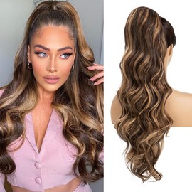 YUMOREAL Drawstring Ponytail Extensions Synthetic Heat Resistant 26inch Long Fluffy Wavy Hairpiece for Women Dark Brown/Golden Blonde