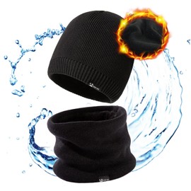 TOP-EX XL/XXL Waterproof Merino Beanie Hat Men Wool Winter Hat Women's Warm Fleece Knitted Hat Breathable Outdoor Ski Hat, Black_Scarf Set