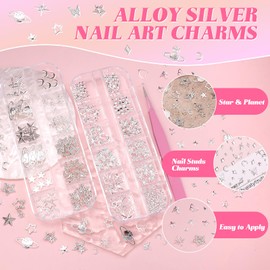CESUSME Silver Nail Charms and Gems, Silver 3D Dangle Star Planet Moon Nails Jewelry Charms, Metal Cross Heart Butterfly Alloy Rivet Studs Nail Art Charm Supplies Decor for Nails Face Makeup DIY