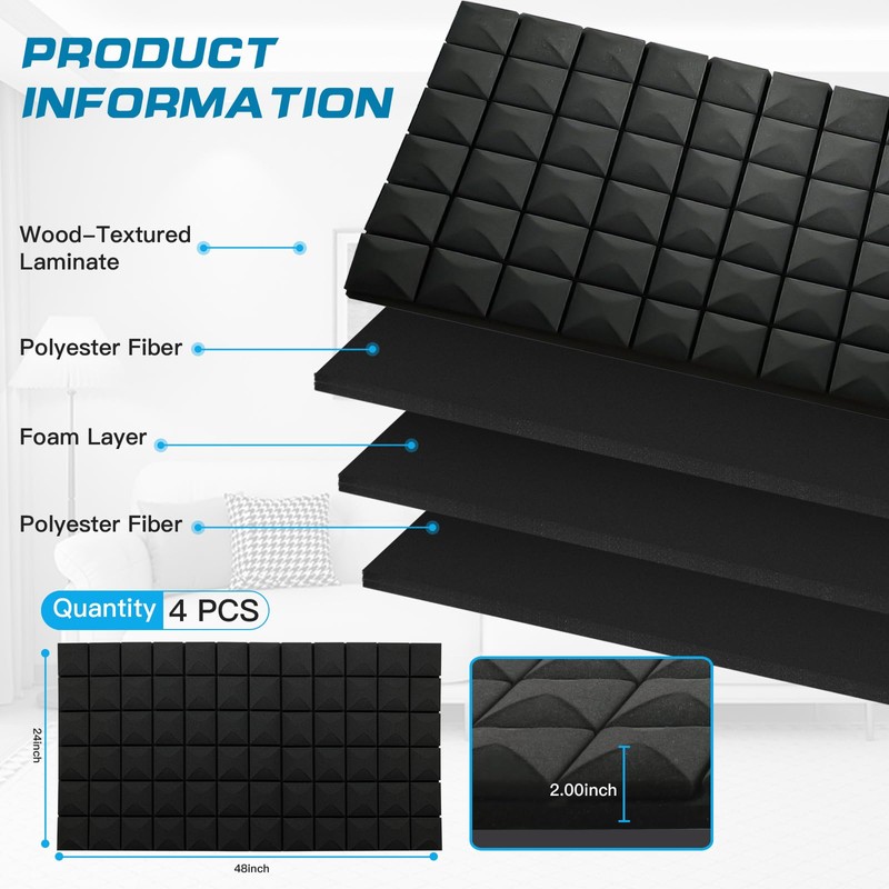 4 PCS Acoustic Panels,48''X24''X2'' Sound Proof Foam Panels for Walls,High