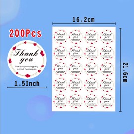 200 Pcs Thank You Labels, 1.5 Inch Red Heart Pattern Thank You Stickers for Small Business, Self-Adhesive & Waterproof Stickers Envelope Seals for Small Business
