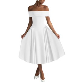 DinDinCAT Women's Off Shoulder Sexy A Line Midi Dress-Sleeveless Fit and Flare Club Party Going Out Dresses White M