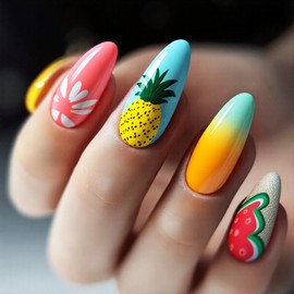 NGMATY Summer Press on Nails Pineapple & Flower Designs Fake Nails, Beach Style Almond Medium Acrylic Nails, Colorful Artistic Cute Reusable Stick on Nails for Women Girls 24Pcs (Colorful Summer Days)