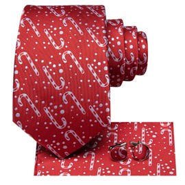 Hi-Tie Men's Christmas Tie Set Tie Pocket Square Cufflinks Set Match Reindeer Snowflake Xmas Tree Pattern for Wedding Prom, Red Candy Cane