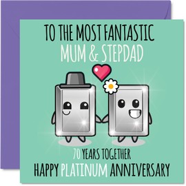Cute Platinum Anniversary Card for Mum & Step Dad - 70 Years Together - Happy 70th Wedding Anniversary Cards for Step Dad Mum, 5.7 x 5.7 Inch Greeting Cards for Seventieth Anniversaries