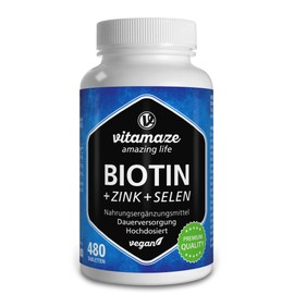 Biotin Hair Growth 10.000 mcg Complex - with Selenium and Zinc - 480 Days Supply for Hair, Skin and Nails - 480 Vegan Tablets - German Quality - Vitamaze®