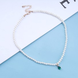 Wendalern Boho Tear Crystal Necklace Vintage Rhinestone Beads Choker Necklaces Green Drop Rhinestone Chain Necklace Freshwater Cultured Pearls Necklace Jewellery for Women and Girls, Crystal,