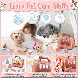 TEUVO Pet Care Play Set Robot Dogs Toys for Kids Interactive Girl Toys Grooming Stuffed Pet Puppy Toys with Electronic Dog Plush & Box Pretend Play Gifts for Girls Boy Toddler 3 4 5 6 7 Years Old Pink