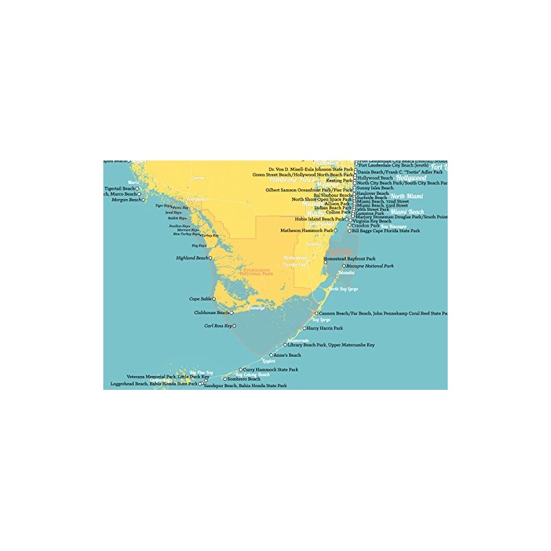 Florida Beaches Checklist Map 24x36 Poster (Marigold & Turquoise)