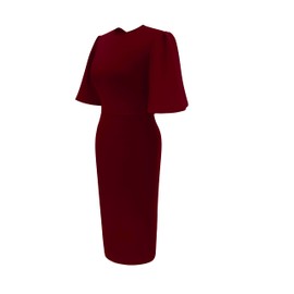 Memoriesea Women's Basic Bodycon Ruffle Flared Short Sleeve Pencil Midi Dress Wine Red