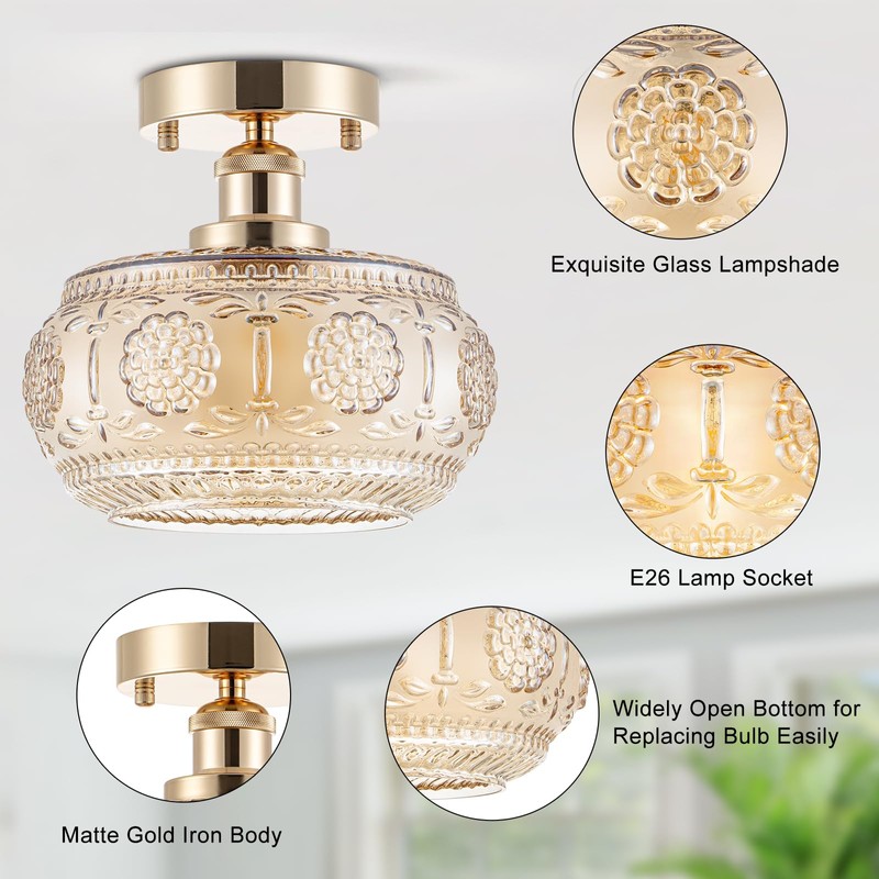 Tbaoinla Semi Flush Mount Ceiling Light - French Gold Finish