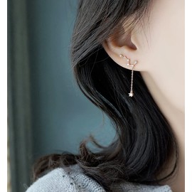 Reffeer Solid 925 Sterling Silver Star Ear Cuffs Chain Earrings for Women Star Wrap Earrings Climber (C-Rose Gold)