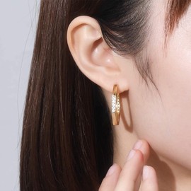 Hoop Earrings 925 Silver for Women and Girls: Hypoallergenic Circular Hoop Earrings, Yellow Gold, Cubic Zirconia