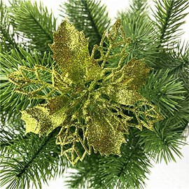 GLITZFAS 12-Piece Glitter Christmas Tree Decoration, Ornaments, Flower Decoration, Christmas Tree Pendants (Green, 9 cm)