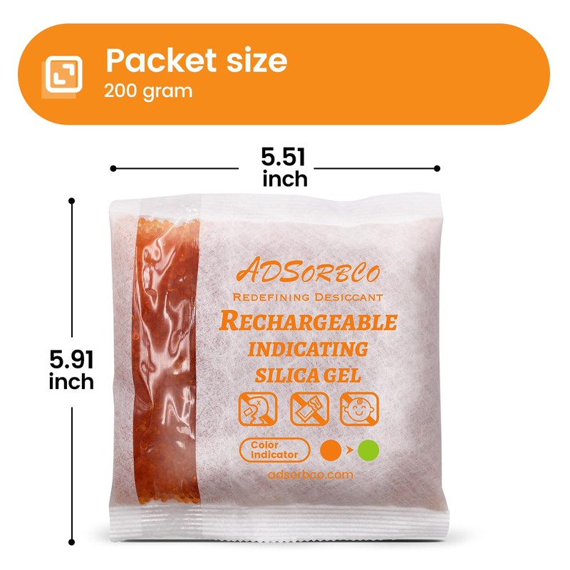 Adsorbco Rechargeable 200 Gram 2 Packs Desiccant, Indicating Silica Gel