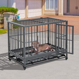 PawHut 36" Heavy Duty Dog Crate Metal Cage Kennel with Lockable Wheels, Double Door and Removable Tray, Grey