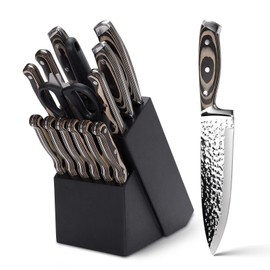 Kitchen Knife Set,15-Piece Knife Set With Block Wooden,Self Sharpening For Chef Knife Set,High Carbon Japan Stainless Steel Hammered Collection Knife Block Set with Steak Knives (Gray)