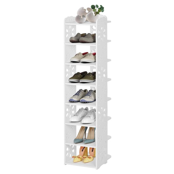 Youyijia 8 Tier Shoe Rack Narrow Shoe Storage Organizer 111x25x26cm Tall Shoe Cabinet Small Shoe Shelf Space Saving Hollow Carved Shoe Display Stand Holder for Entryway Hallway Home Bedroom White