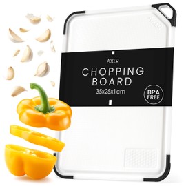 Axer Chopping Board Plastic BPA Free – Universal Size 35 x 25 cm Kitchen Board Dishwasher Safe – Chopping Board with Juice Groove Feet Handle and Grater – Cutting Board – White