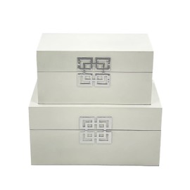 Galt International Storage Box Set Decorative Storage Box w/Hinged Lid Classic Design Wood Decor Boxes with Geometric Clasp Storage for Bedroom & Home - Set of 2 (White & Silver)