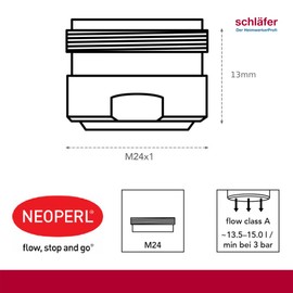Schläfer 01000006, 10 pieces Neoperl universal aerator tap aerator M24 external thread, aerator LongLife M24X1, soft jet class B Lit 24/min, with seal.