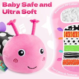 HEMRLY Baby Girl Toys for 0-6 Months, Musical Plush Caterpillar Infant Sensory Toy with Baby Mirror&Crinkle Rattle,Pull String,Teething, Tummy Time Newborn Gifts for 0-3-6-12 Boys Girls - Pink Leaf