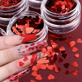 Holographic Nail Art Sequins Glitter Kits,6 Boxes Red Valentine's Nails Powder Love Heart Nail Art Sequins Red Shining Flakes Heart Shaped Nail Glitter Set for Valentine's Day Nails Art Decorations