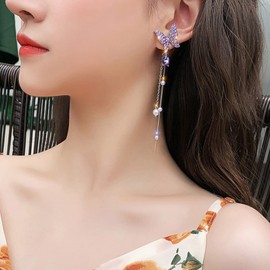 Butterfly Tassel Earrings for Women Purple Butterfly Crystal Earrings Long Butterfly Drop Dangle Earrings for Girls Tassel Threading Long Chain Earrings Jewelry Gift for Wedding