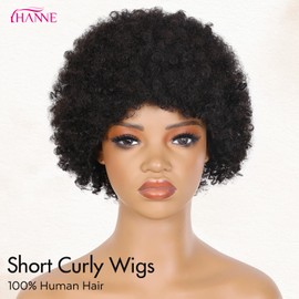 HANNE Short Afro Wig for Black Women 100% Human Hair Tight Curly Wig Heat-Friendly Short Curly Wig (Black)