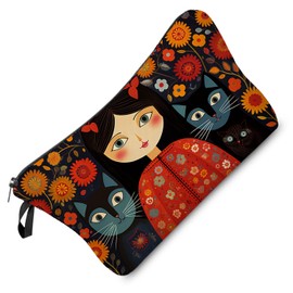 Livel lhood Young Lady with Cats Makeup Bag Folk Art Painting Small Cute Organizer Bag Zipper Pouch Young Lady with Cats Print Cosmetic Bag Present for Women Friends Cat Lovers