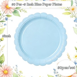 30 Pack Blue Scalloped 9 Inch Paper Plates, Disposable Flower Edge Decorative Plates for Birthday Party, Baby Shower, Wedding, Picnic, Dessert Dinner Catering Supplies