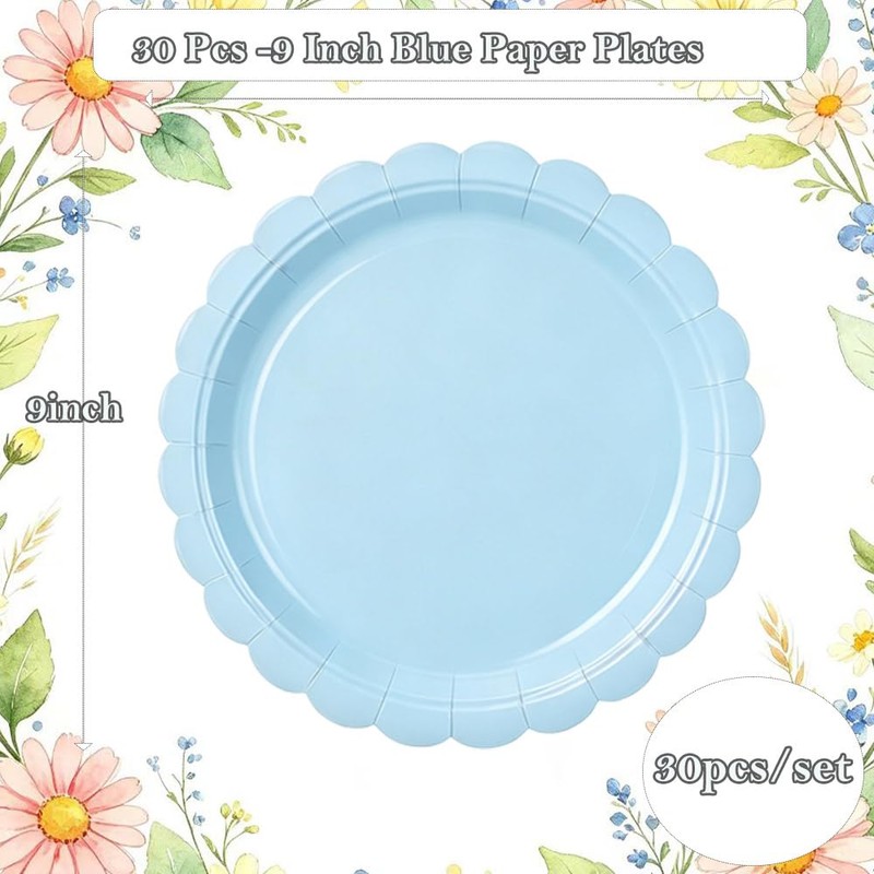 30 Pack Blue Scalloped 9 Inch Paper Plates, Disposable Flower