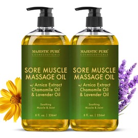 MAJESTIC PURE Arnica Sore Muscle Massage Oil for Massage Therapy - Refreshing, and Relaxing - Natural Oils with Lavender & Chamomile Essential Oils - All Skin Types - Men & Women - 8 fl oz (Pack of 2)