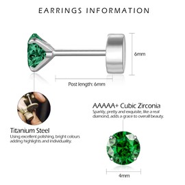 VYYU Silver Earrings for Women Girls, Titanium Earrings with Screwback Flat Back, Beautiful Cartilage Helix Earrings | Hypoallergenic Earrings, Jewellery Earrings Christmas Birthday Gifts, Emerald